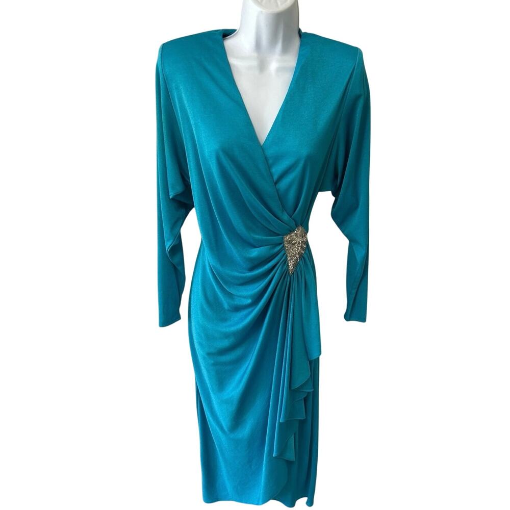 Vtg Turquoise Evening Gown Silver Sequined Night Visionz Women 5/6  Costume